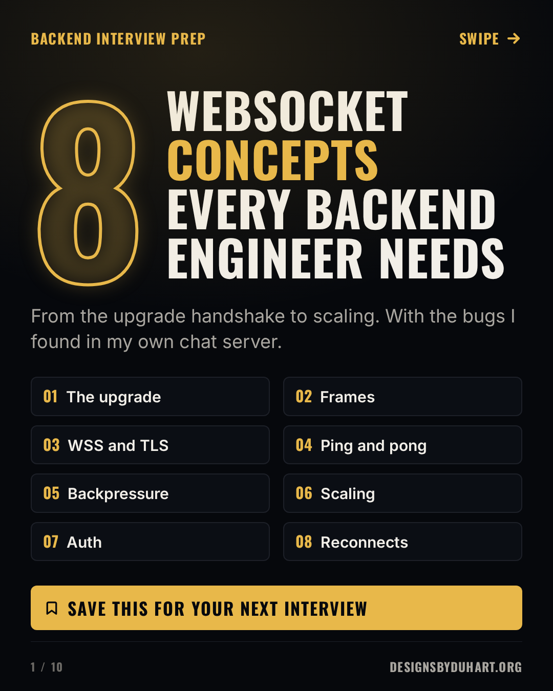 Cover slide on a dark background: 8 WEBSOCKET CONCEPTS EVERY BACKEND ENGINEER NEEDS. From the upgrade handshake to scaling. With the bugs I found in my own chat server. The numbered list: The upgrade; Frames; WSS and TLS; Ping and pong; Backpressure; Scaling; Auth; Reconnects. A gold band reads Save this for your next interview.