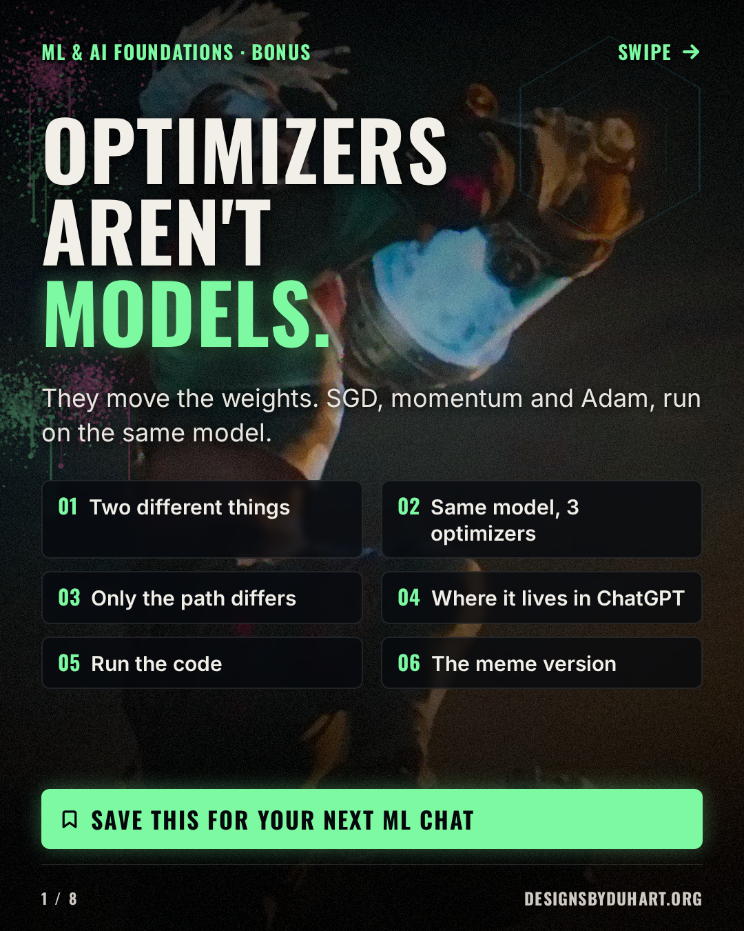 Slide 1 of 6 of "Optimizers Aren't Models: They Move the Weights", dark notebook background with copper and teal accents. Cover: Optimizers aren't models. They move the weights.
