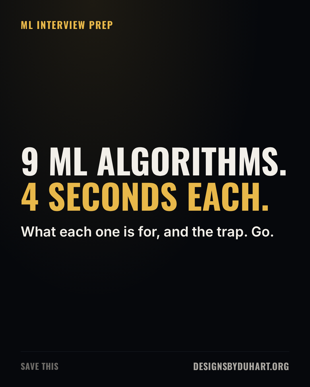 Poster frame of the explainer video: 9 ml algorithms. 4 seconds each.