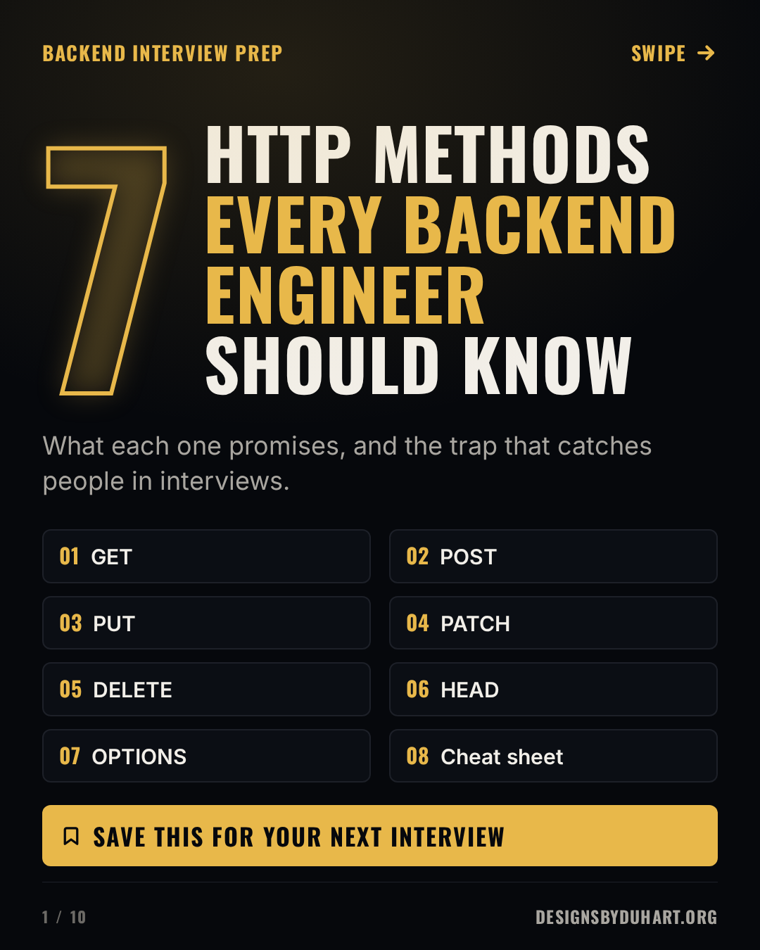 Cover slide on a dark background: 7 HTTP METHODS  EVERY BACKEND ENGINEER  SHOULD KNOW. What each one promises, and the trap that catches people in interviews. The numbered list: GET; POST; PUT; PATCH; DELETE; HEAD; OPTIONS; Cheat sheet. A gold band reads Save this for your next interview.