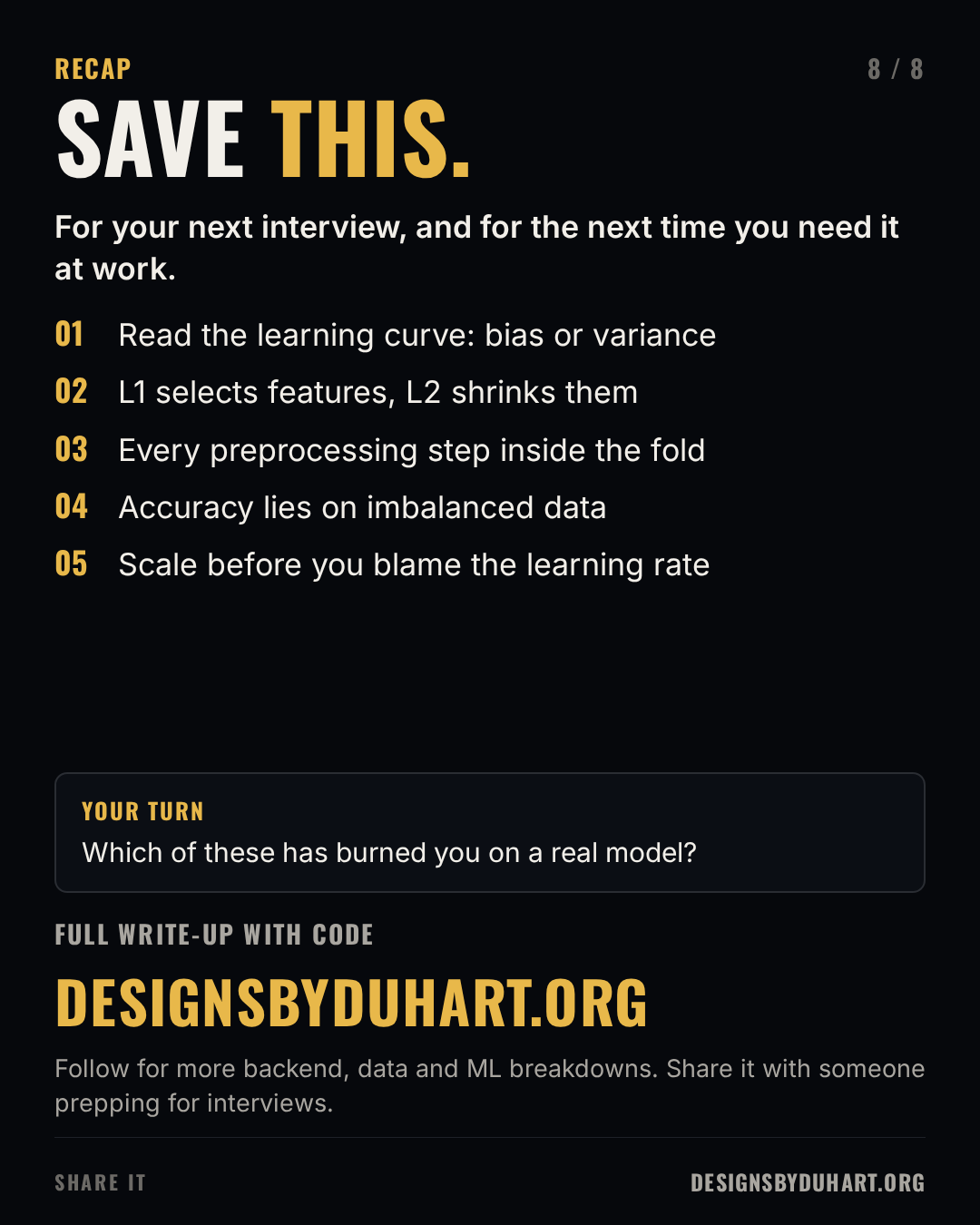 Closing slide 8 of 8: Save this. Recap: Read the learning curve: bias or variance; L1 selects features, L2 shrinks them; Every preprocessing step inside the fold; Accuracy lies on imbalanced data; Scale before you blame the learning rate. Your turn: Which of these has burned you on a real model? Full write-up with code at designsbyduhart.org.