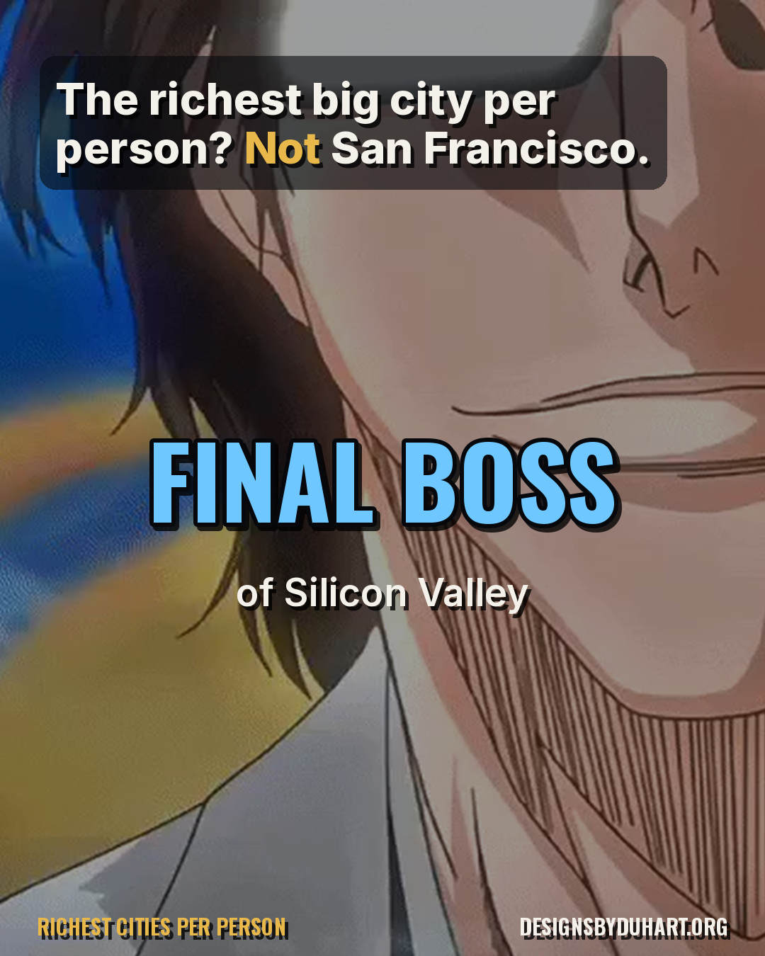 Poster frame of the anime edit. Anime edit in Bleach style: the richest cities by GDP per person from the Oxford Economics 2026 Global Cities Index. The U.S. holds 27 of the top 40. Everyone expects San Francisco, but the final boss is San Jose at $238,700 per person, about $57,000 ahead. Twist: commuters earn in the city but live outside it, which inflates GDP per resident.