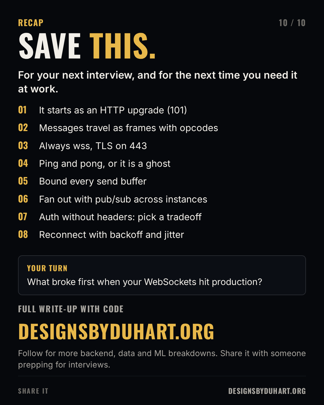 Closing slide 10 of 10: Save this. Recap: It starts as an HTTP upgrade (101); Messages travel as frames with opcodes; Always wss, TLS on 443; Ping and pong, or it is a ghost; Bound every send buffer; Fan out with pub/sub across instances; Auth without headers: pick a tradeoff; Reconnect with backoff and jitter. Your turn: What broke first when your WebSockets hit production? Full write-up with code at designsbyduhart.org.