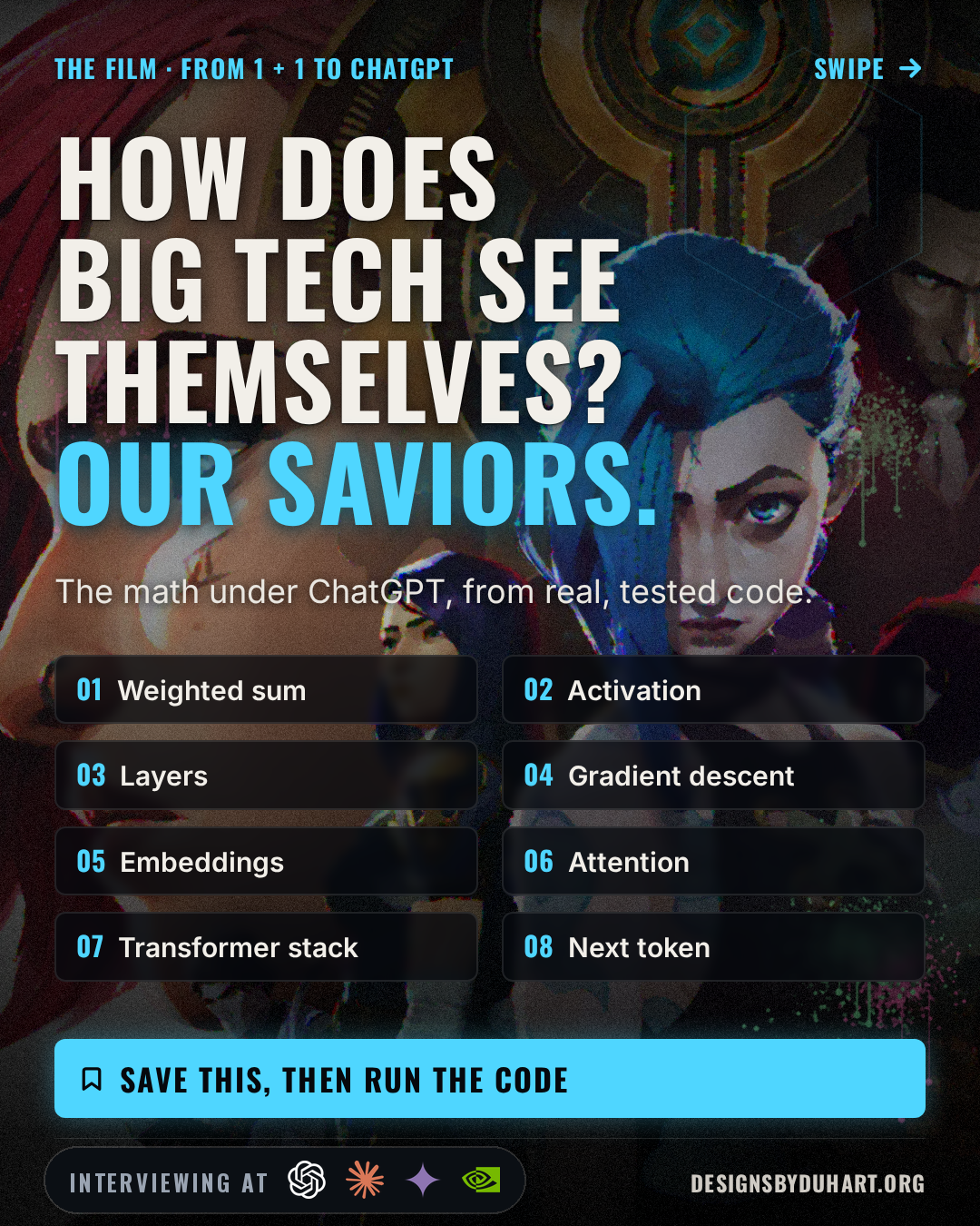 Cover slide: How Does Big Tech See Themselves? Our Saviors.. Bottom left, an "Interviewing at" badge with the logos of OpenAI (ChatGPT), Claude, Google Gemini, Nvidia.