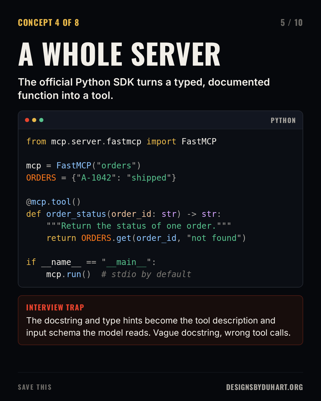 Slide 5 of 10: A WHOLE SERVER. The official Python SDK turns a typed, documented function into a tool. A code card (python) shows: from mcp.server.fastmcp import FastMCP  mcp = FastMCP("orders") ORDERS = {"A-1042": "shipped"}  @mcp.tool() def order_status(order_id: str) -> str: """Return the status of one order.""" return ORDERS.get(order_id, "not found")  if __name__ == "__main__": mcp.run()  # stdio by default Interview trap: The docstring and type hints become the tool description and input schema the model reads. Vague docstring, wrong tool calls.